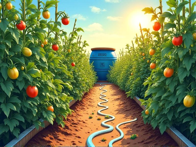 A lush vegetable garden irrigated by a greywater system: perforated hoses snake through raised beds of tomatoes and herbs, with a rain barrel labeled 'Recycled Water' in the background. The scene is vibrant under a midday sun, with bees pollinating flowers. Soil appears moist and rich, showcasing the system's effectiveness.