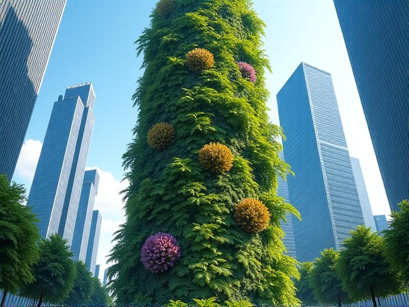 A modern urban green wall in a cityscape, showcasing a mosaic of ferns, succulents, and flowering plants in shades of green, purple, and pink. The wall contrasts with glass skyscrapers under clear blue skies, highlighting sustainability in metropolitan environments.