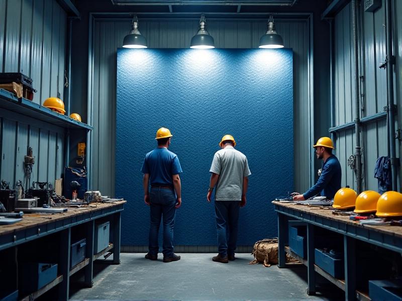 Workers install soundproofing foam panels on a factory wall. The panels have a hexagonal pattern in blue and gray, contrasting with the industrial metal surroundings. A toolkit lies open on the floor, and safety helmets reflect the warm glow of overhead LED lights, symbolizing proactive infrastructure improvements.