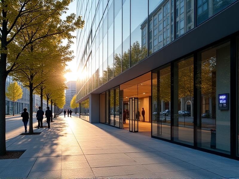 A modern office building with large windows partially covered in Low-E film, sunlight casting sharp shadows on a sunny day, with energy meters and data loggers visible near the entrance tracking real-time consumption.