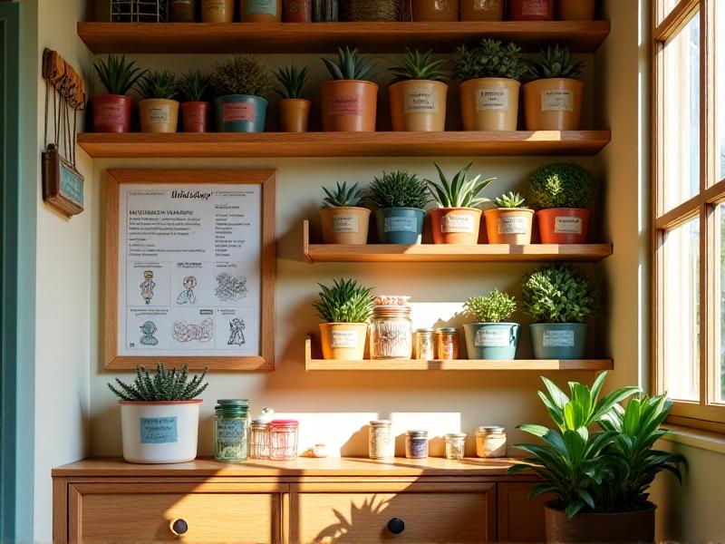 A brightly lit tiny home wall with floor-to-ceiling wooden shelves filled with labeled bins, books, and potted succulents. A vertical magnetic board displays weekly lesson plans and children’s artwork, while small wire baskets hang from hooks for quick access to stationery.