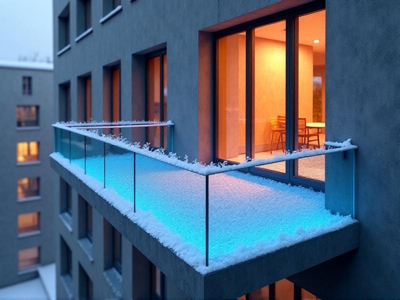 A rendered image of a concrete balcony extending from a multi-story apartment building, with blue thermal streaks indicating cold transfer through the slab. Snow accumulates on the balcony surface, contrasting with the warm, orange-toned interior visible through glass doors. The style combines realism with illustrative thermal overlay.