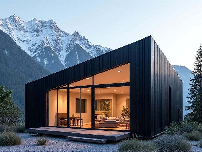 A contemporary tiny home with angular black steel siding, floor-to-ceiling windows reflecting a mountain vista, and a rooftop deck accessible via a minimalist ladder, showcasing modern architecture blended with functional outdoor space.