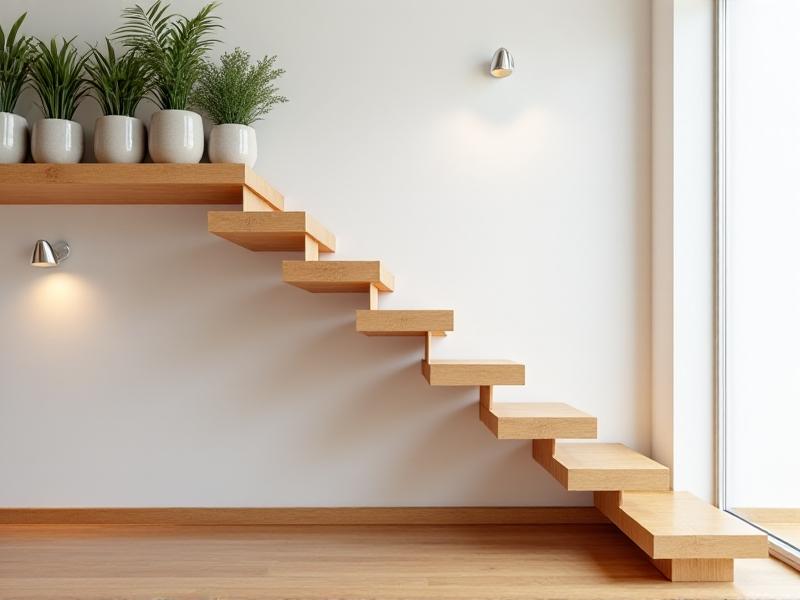 DIY wooden floating staircase with natural pine treads mounted on hidden steel brackets, set against a white wall in a modern apartment with potted plants and minimalist decor.