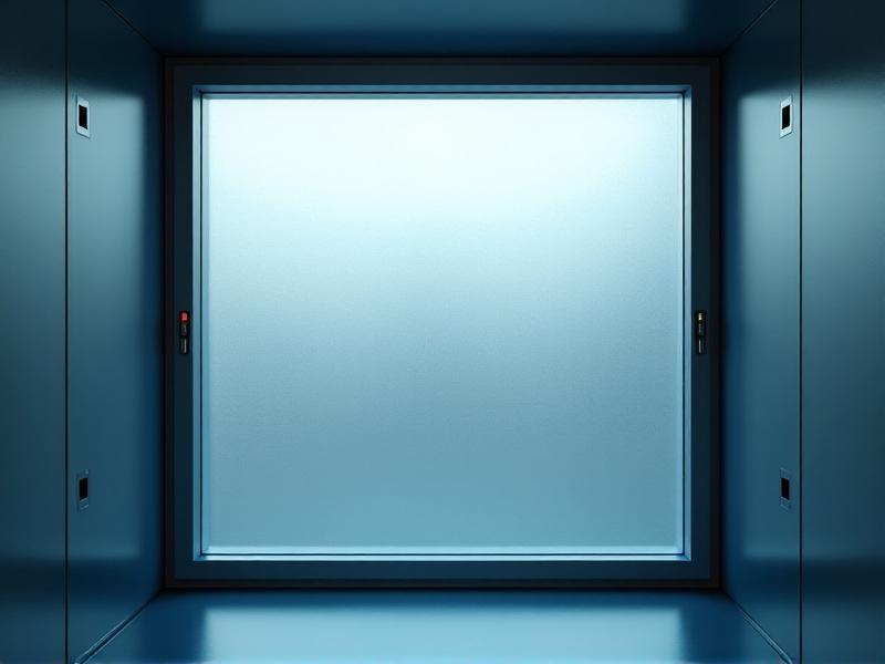 A climate chamber with a window panel half-treated with Low-E film, the untreated side fogged with condensation while the film-coated side remains clear, under cool white fluorescent lights highlighting the contrast.