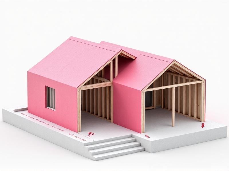 An architectural diagram of a house wrapped in continuous pink insulation boards, with cutaway sections revealing wooden studs beneath. Arrows illustrate heat retention within the insulated envelope, while the exterior is finished with textured plaster. The style is minimalist, using clean lines and contrasting colors.