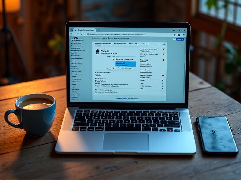 A laptop screen displaying a website accessibility overlay with adjustable font sizes, high-contrast mode, and a voice command icon, set on a wooden desk beside a cup of coffee and a smartphone showing braille support.