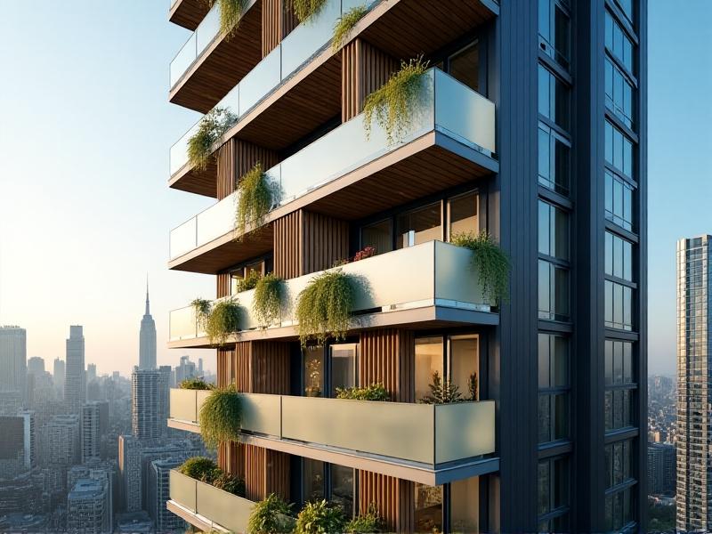 Modern apartment building with frosted glass balconies, vertical wooden slats for shading, and terraced rooftops surrounded by potted plants, under clear daylight, emphasizing privacy through design elements.