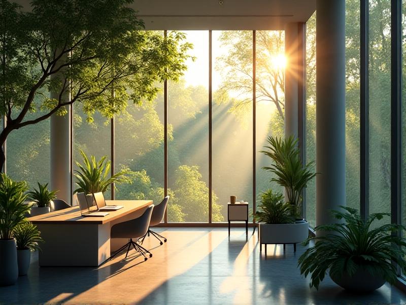 A contemporary office building with floor-to-ceiling operable windows on two sides, surrounded by trees. Sunlight filters through the windows, casting shadows on a minimalist interior with potted plants and energy-efficient lighting.