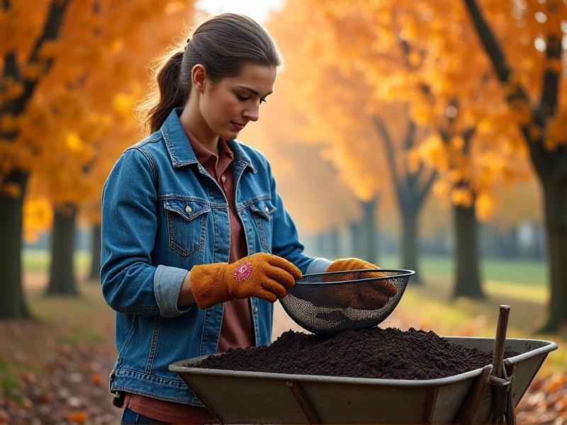 Gardener hands sifting finished compost through a wire mesh sieve onto a wooden wheelbarrow. Sunlit autumn leaves frame the scene, symbolizing the rewarding culmination of consistent maintenance efforts.