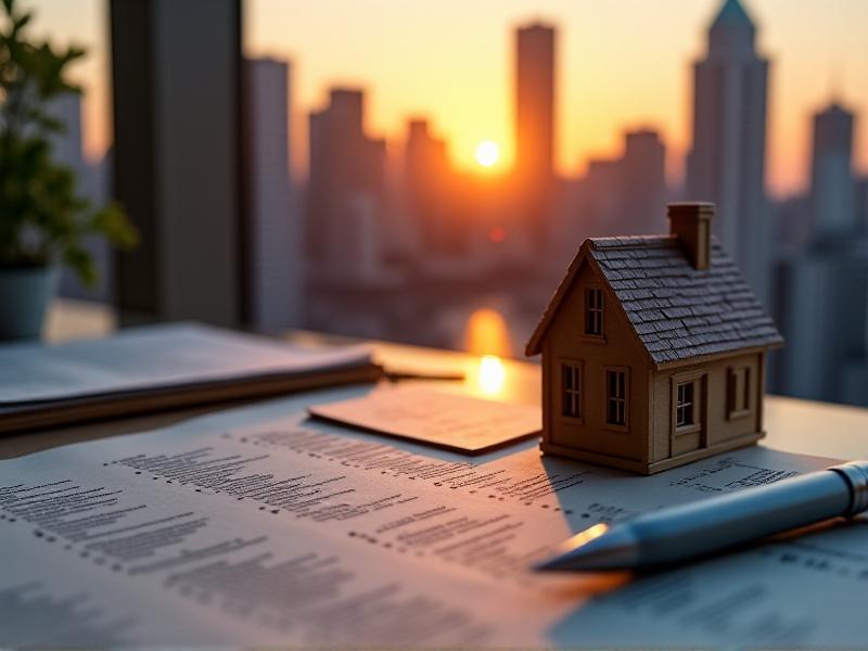 A close-up of legal documents and a tiny house model on a desk, with a pen and highlighted text emphasizing zoning codes, against a backdrop of a city skyline at dusk, symbolizing regulatory navigation.