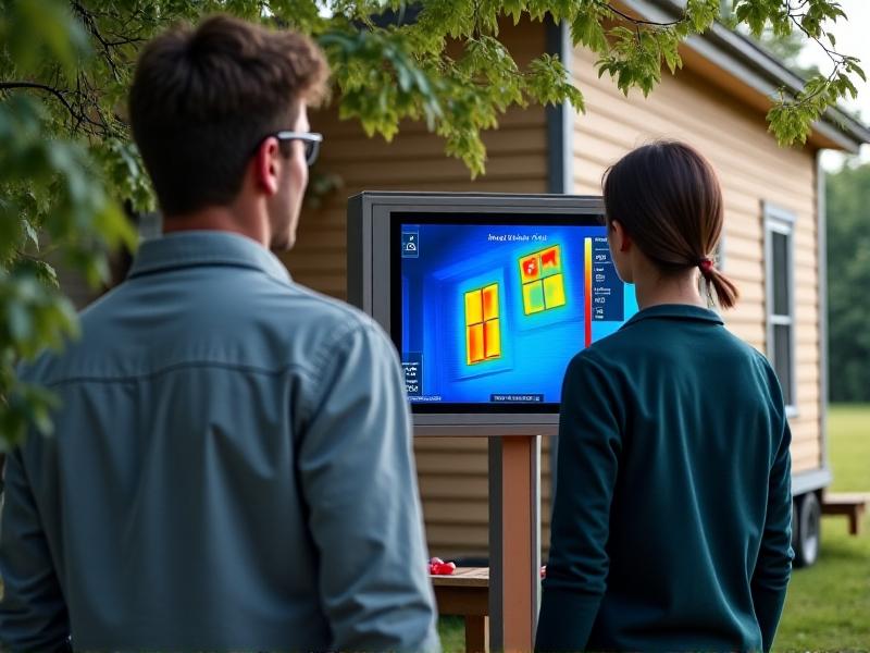 A homeowner and inspector examine a tiny home’s exterior using a thermal imaging camera. The camera screen reveals blue tones indicating intact insulation, with no heat leaks around window frames sealed with fire-resistant caulk.