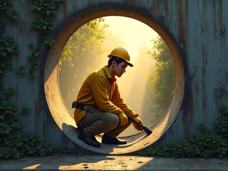 A maintenance worker in gloves scrubbing the interior of an empty rainwater tank with a brush, sunlight streaming through the open hatch. Tools and a hose are nearby, capturing the process of routine upkeep.