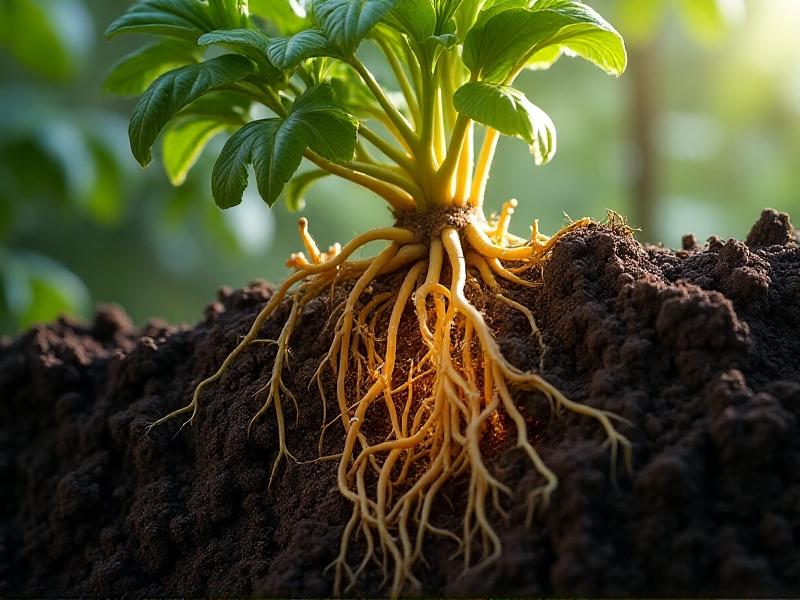 Macro photograph of plant roots intertwined with white mycorrhizal fungi in dark soil, showcasing fine root hairs and fungal networks. Soft natural lighting highlights the intricate textures and symbiotic relationships essential for contaminant absorption.
