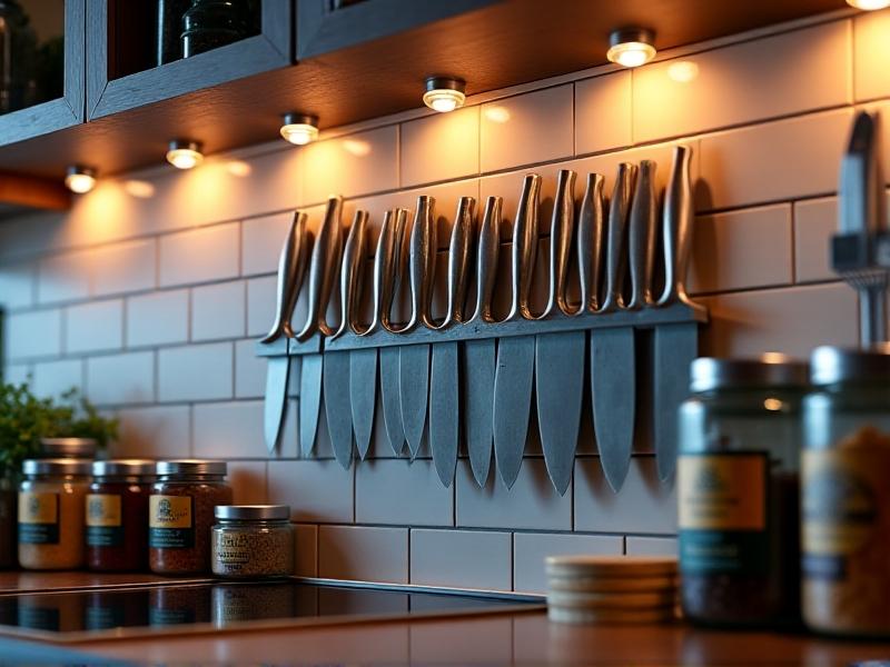 A close-up of a stainless steel magnetic strip holding chef knives, spice jars with metal lids, and utensils against a subway-tile kitchen backsplash. Warm overhead lighting casts subtle shadows, emphasizing the practicality and sleek industrial design.