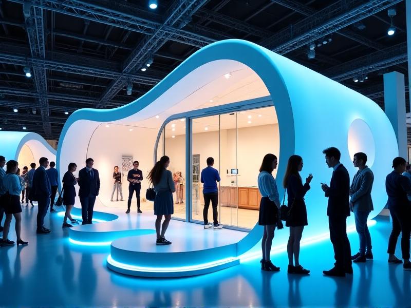 A conceptual tiny home model with glowing biogel windows and mushroom-based insulation panels displayed at a sustainable architecture expo. Visitors admire the sleek, curved design under ambient blue lighting, symbolizing harmony between tech and ecology.