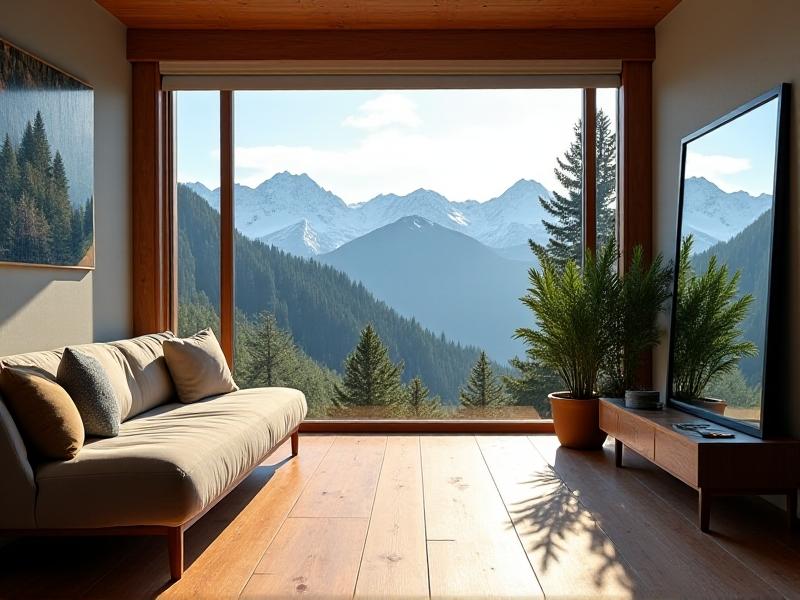 A mountain house with closed retractable window walls featuring triple-pane glass, reflecting snowy peaks and evergreen trees. Sunlight streams into a Scandinavian-style interior with wooden floors, a neutral-toned sofa, and vibrant indoor plants.