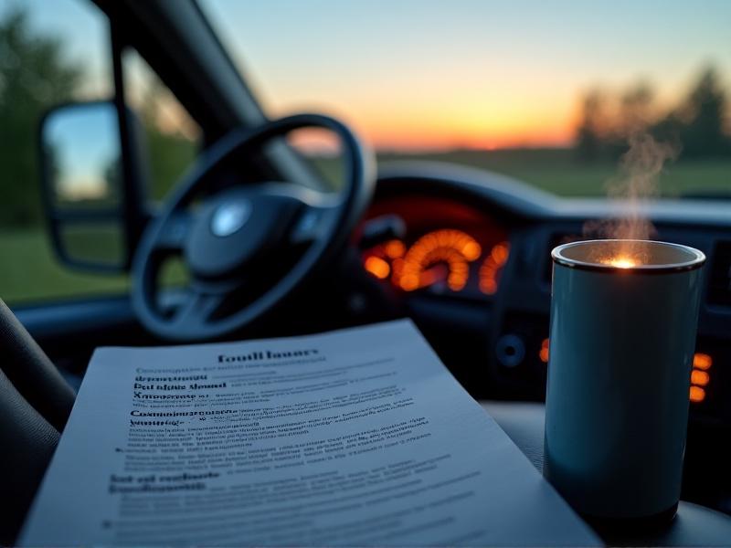 A detailed close-up of an insurance document overlayed on a steering wheel, with a motorhome visible through the windshield. Warm interior lighting contrasts with dusk outside, highlighting terms like 'liability,' 'comprehensive coverage,' and 'roadside assistance.' A cup of coffee sits nearby, suggesting careful consideration of options.