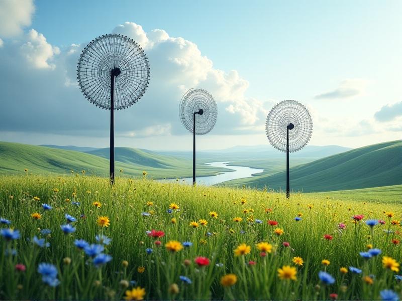 A verdant meadow dotted with colorful wildflowers surrounds three vertical-axis micro wind turbines, their helical blades rotating gently under a partly cloudy sky. The image balances ecological preservation with clean energy innovation.