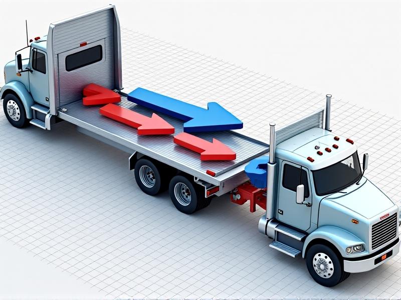 An animated cutaway diagram of a weight distribution hitch in action, showing force arrows redistributing load from the trailer tongue to the truck’s front and rear axles. Rendered in technical illustration style with blue and red highlights against a graph paper background.