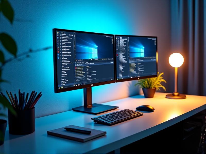 A neatly organized desk in a small home office featuring a dual-monitor setup on articulated arms, a wireless keyboard with wrist rest, and a vertical document holder. A minimalist desk organizer holds pens and notebooks, while a small desk lamp with warm light illuminates the workspace against a soft blue wall.