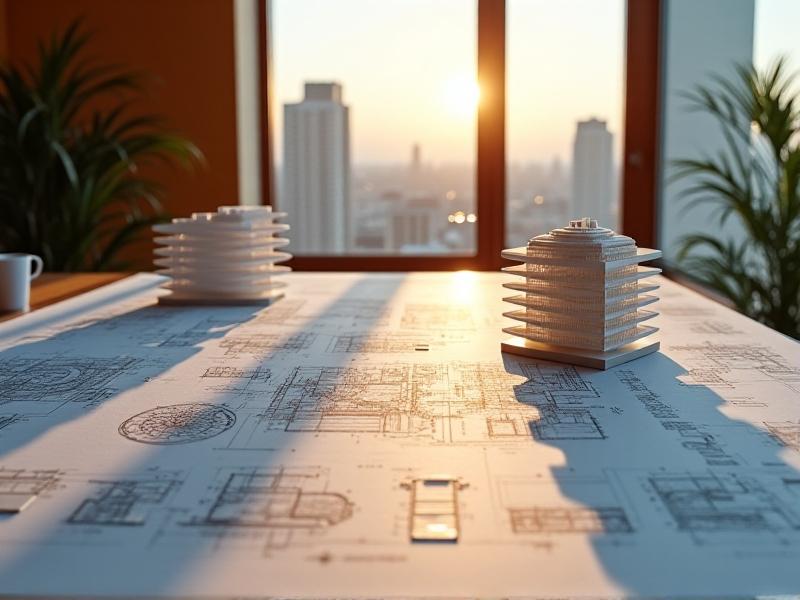 An architect’s desk with blueprints showing window placements and wind rose diagrams, alongside a 3D-printed building model. Soft morning light illuminates tracing paper overlays marked with airflow calculations.