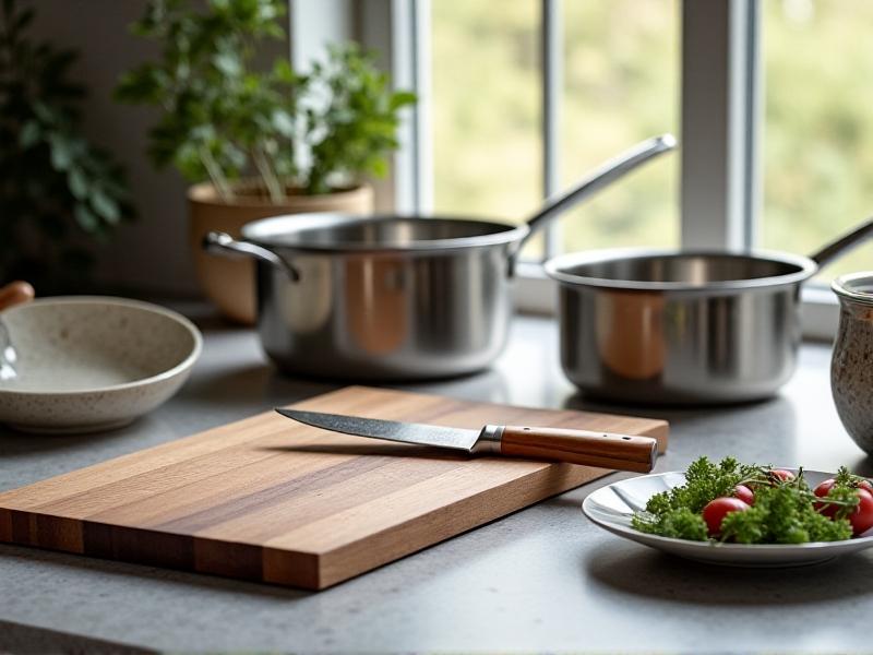 A curated collection of essential kitchen tools on a neutral stone countertop: a chef’s knife, wooden cutting board, stainless steel pots, and a ceramic mixing bowl. Soft natural lighting highlights their durable, timeless design, emphasizing functionality without excess.