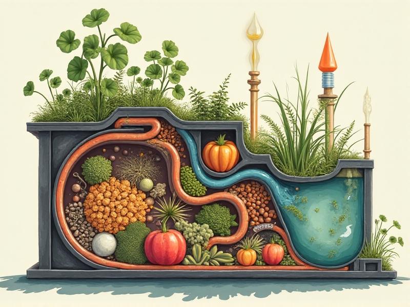 Cross-sectional illustration of a home biogas system showing food waste entering a digestion chamber filled with microorganisms. Arrows depict the gas rising into a storage bladder while liquid fertilizer drains into a collection container. Detailed labels highlight microbial activity and material flows using a muted scientific color palette.