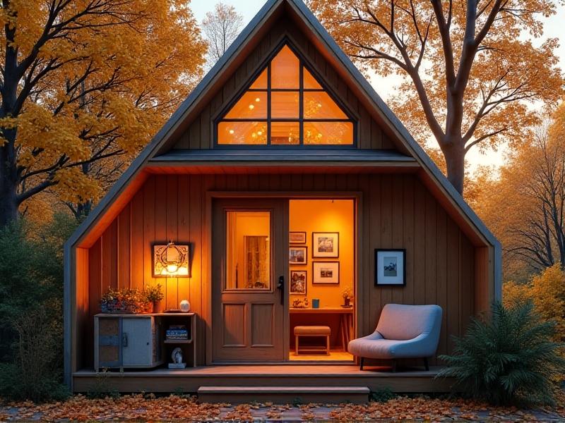 A charming tiny home with a 7:12 gable roof and a loft window framed by golden autumn leaves. Warm interior lighting glows through the window, emphasizing cozy loft space under the steeply angled roof.