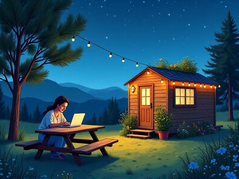 A laptop screen displaying insurer websites like Good Sam and National General, with a woman researching outdoors at a picnic table. Her tiny home with string lights and a rooftop garden is visible behind her, surrounded by pine trees and a starry night sky, evoking a community-focused, tech-savvy nomadic lifestyle.