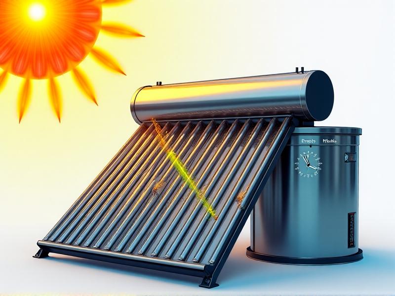 Technical illustration of a solar water heater system showing sunlight hitting a rooftop collector, connected via pipes to an insulated storage tank. Arrows indicate the flow of heated fluid, with labels highlighting components like the absorber plate, insulation layer, and temperature gauge.