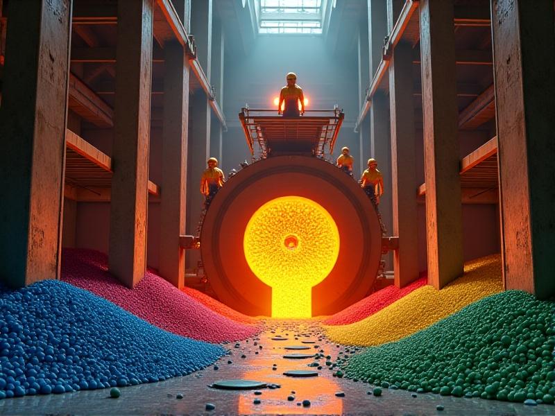 A vibrant image of multi-colored recycled plastic pellets being transformed into rigid foam insulation panels in a factory setting, with industrial machinery and glowing orange heating elements in the background.