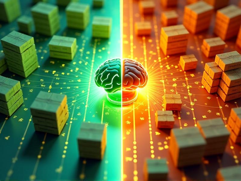 A 3D infographic showing two contrasting warehouse layouts. On the left, green arrows illustrate FIFO flow with boxes moving along a conveyor past a freshness-check sensor. On the right, orange LIFO shelves have robotic arms retrieving top-layer packages tagged 'High Demand.' A central AI brain connects both systems with glowing data streams.