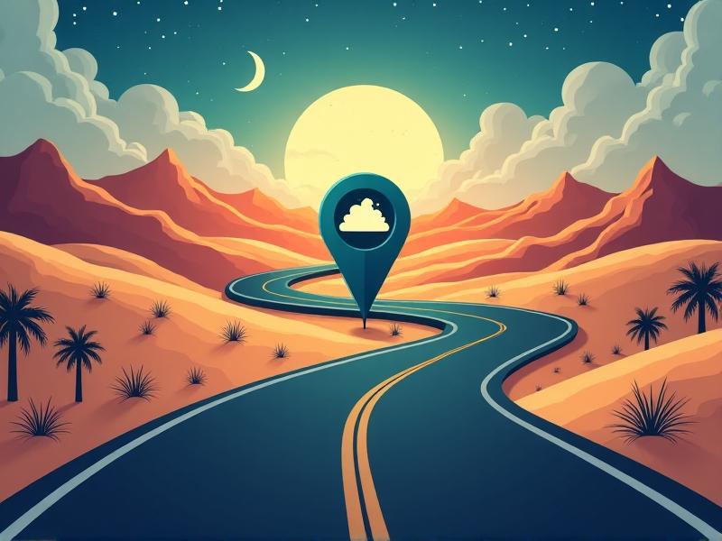 An infographic-style image showing icons representing variables: a map pin (location), a storm cloud (weather risks), a speedometer (mileage), and a shield (security features). The background features a road winding through desert landscapes under a twilight sky, symbolizing the journey of calculating insurance needs.