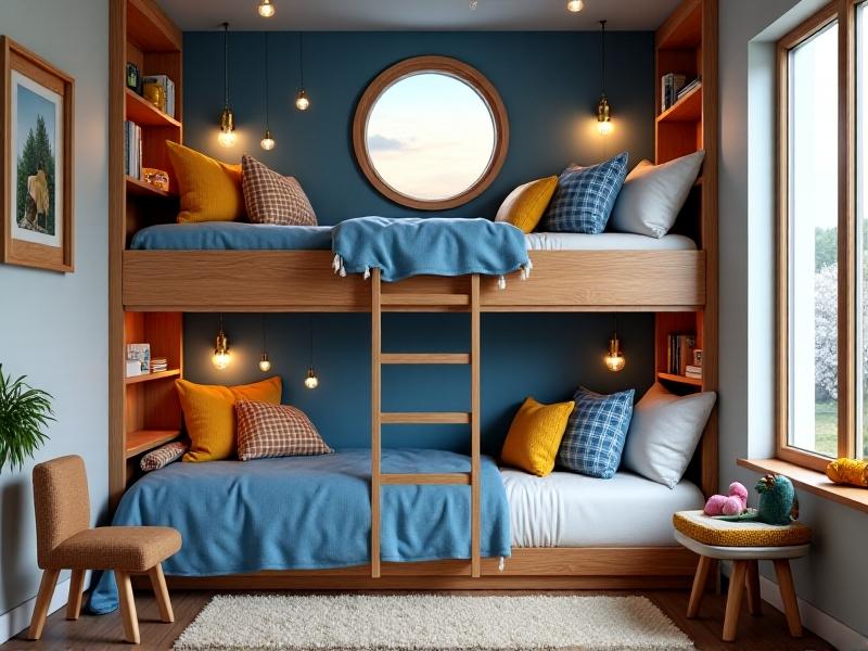 A whimsical loft bedroom for two children in a tiny home, featuring bunk beds with built-in bookshelves, string lights, and a small reading window. The walls are painted sky blue with decals of clouds and birds, creating a cozy, imaginative atmosphere.