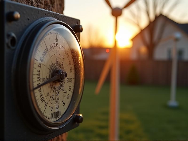 A close-up of an analog energy meter with spinning disk juxtaposed against a micro wind turbine in a suburban backyard. Golden afternoon light highlights the connection between renewable generation and household consumption.