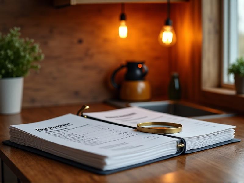 A well-organized binder with labeled tabs for 'Roof Inspections' and 'Appliance Warranties' sitting on a tiny home's kitchen counter, next to a magnifying glass and a handwritten note reading '2024 HVAC service completed.'