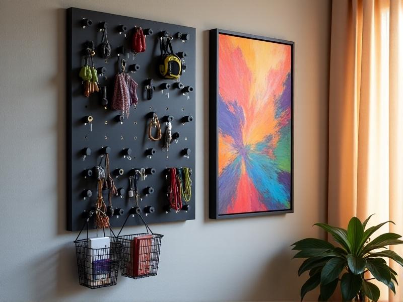 A black magnetic grid panel mounted on a light gray wall, featuring modular hooks, wire baskets, and small shelves holding office supplies, keys, and headphones. The geometric design contrasts with a vibrant abstract painting nearby, showcasing a blend of utility and modern art.