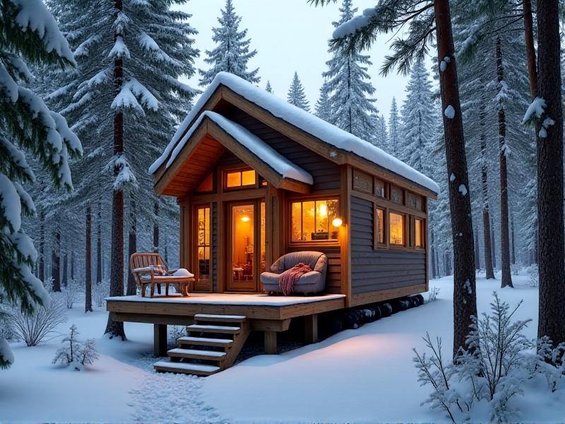 A cozy cabin-style tiny house elevated on wooden pier and beam foundations in a snowy forest, with a gravel base beneath and warm interior lights glowing through large windows, evoking rustic charm and frost resilience.