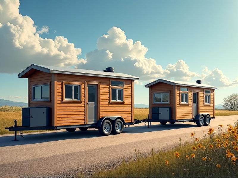 Comparison of single vs. tandem axle trailers under tiny homes. The single axle shows slight sag under weight, while the tandem remains level. Rustic outdoor setting with gravel terrain, realistic shadows, and a tow truck hooked to the trailer for scale.