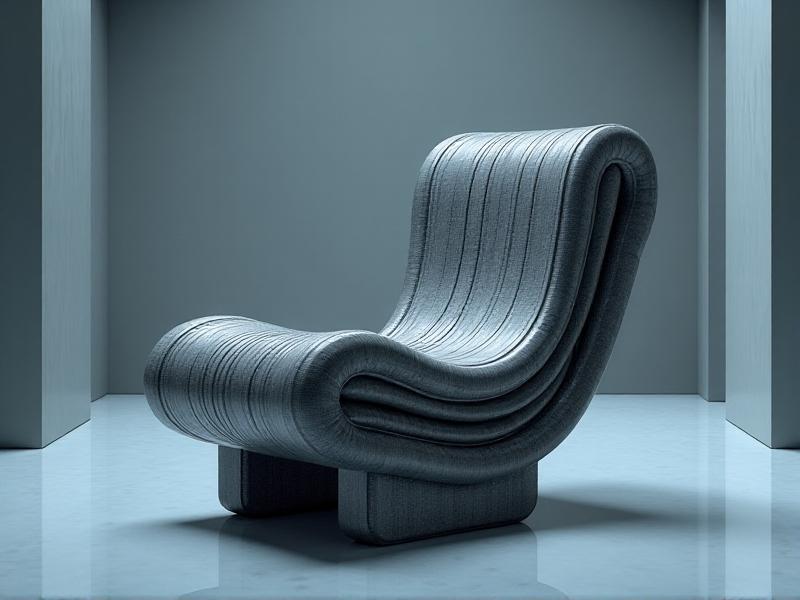 A futuristic collapsible chair made of interlocking carbon fiber panels with a brushed metallic finish. The chair is partially folded, revealing geometric patterns, and sits in a minimalist studio with cool-toned LED lighting highlighting its innovative construction.