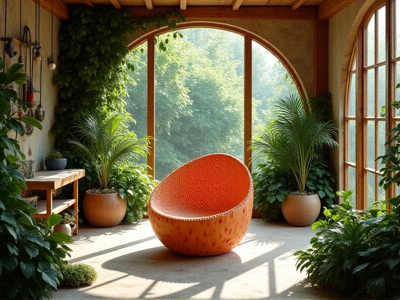 An eco-friendly collapsible chair with a honeycomb structure made from mycelium-based biocomposite, dyed in earthy terracotta tones. The chair is shown in a forest-inspired studio with greenery and natural wood accents, symbolizing sustainable innovation in furniture engineering.