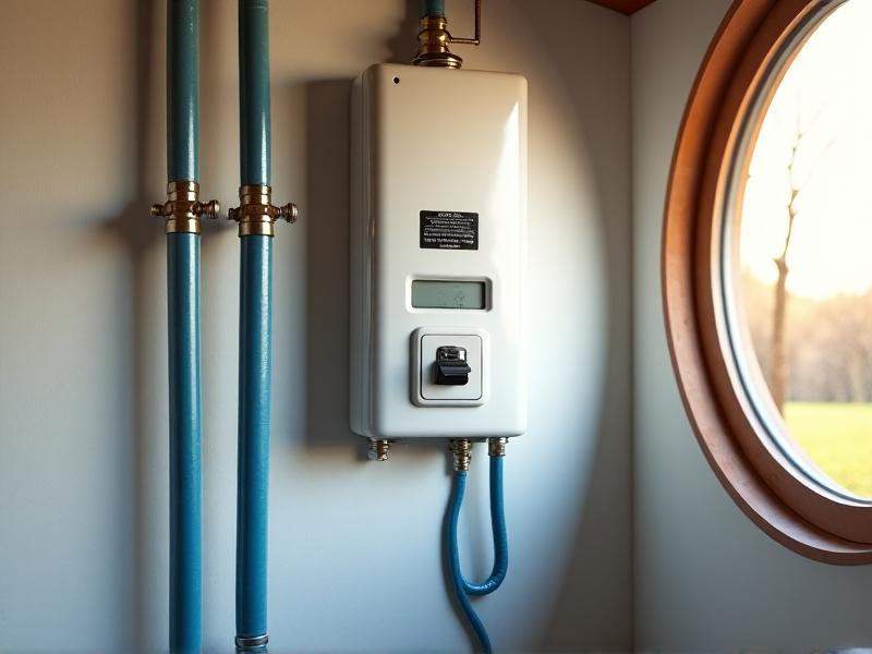 A close-up of a white wall with a labeled electrical panel, earthquake-strapped water heater, and blue foam-insulated pipes in a rustic tiny home, photorealism style with natural light from a nearby circular window.