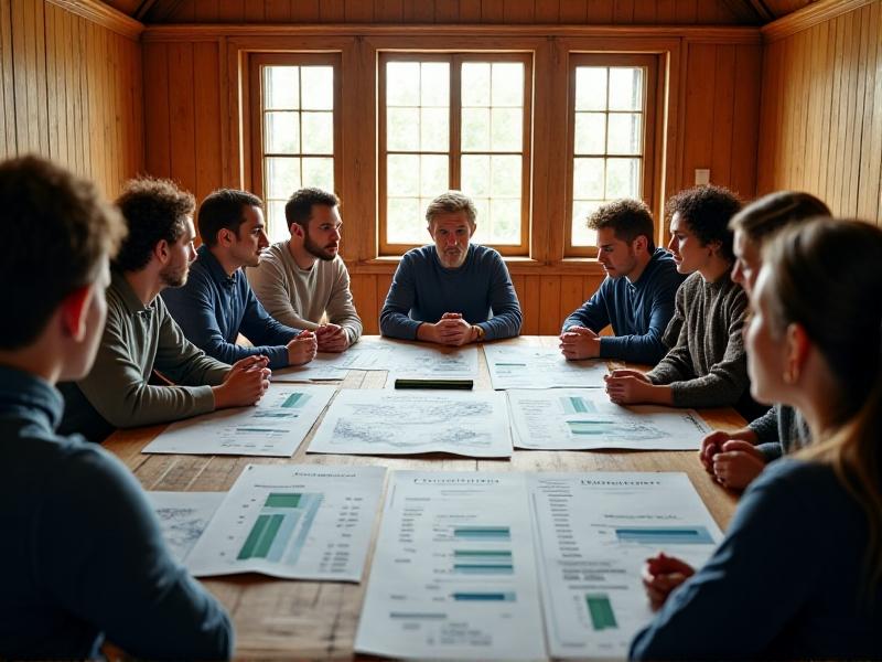 A diverse group of stakeholders reviewing project blueprints and financial charts in a village meeting hall. The room has rustic wooden furniture with sunlight streaming through windows, reflecting collaboration and community-driven decision-making. Charts display cost projections and energy output metrics, emphasizing strategic planning.