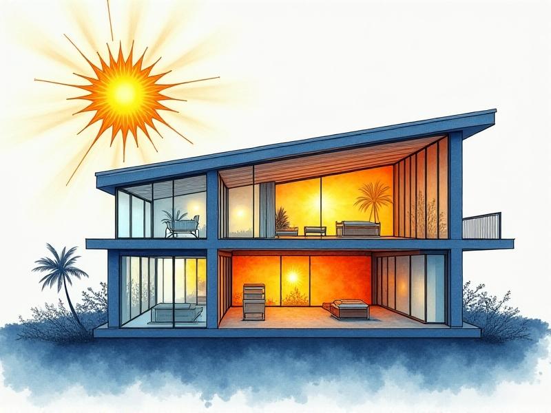 An illustrated cross-section of a passive solar home: sunrays hit dark-stained concrete floors through large south-facing windows, with thermal mass walls labeled. Arrows show heat absorption and nighttime radiation. Cool blue and warm orange gradients depict temperature regulation, styled as an educational technical drawing.
