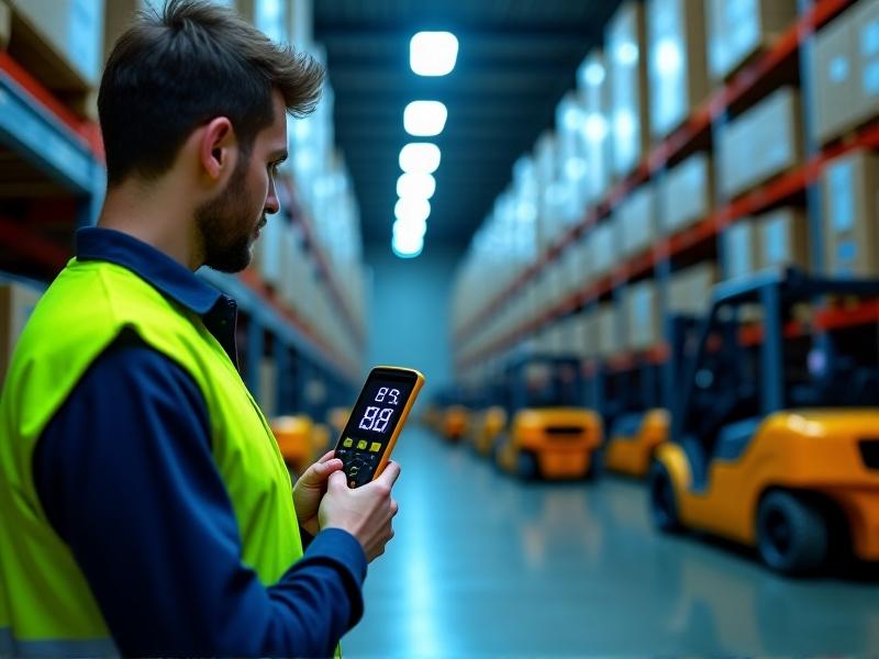 A technician in a high-visibility vest uses a handheld sound level meter in an industrial warehouse. The device shows a digital readout of 85 dB, with forklifts and pallet racks in the background. Overhead fluorescent lighting casts sharp shadows, emphasizing the technical nature of the task.