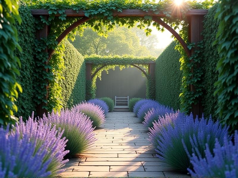 A serene garden pathway in a residential cluster, flanked by tall hedges and blooming lavender bushes, with a wooden trellis covered in ivy separating two patio areas under soft morning light.