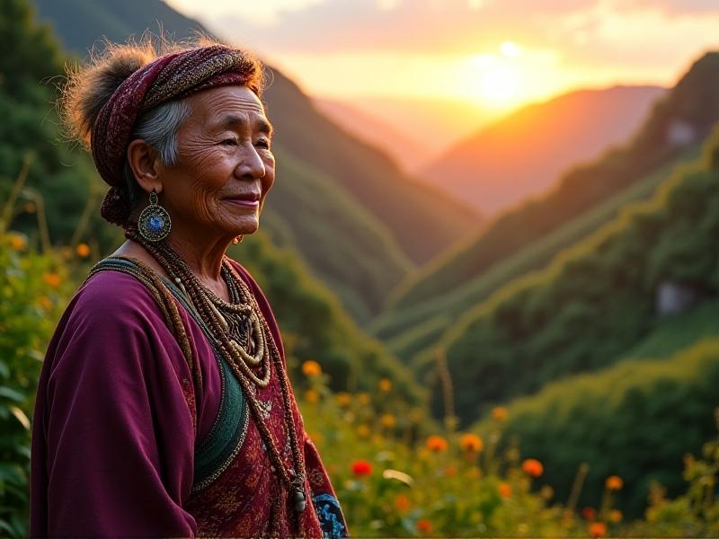 An indigenous elder teaching younger community members sustainable farming techniques in a lush valley, with terraced fields and traditional tools, under soft golden-hour lighting.