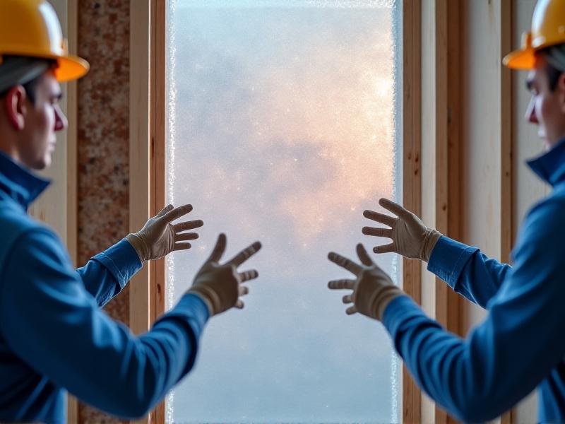 A close-up view of aerogel insulation panels with a translucent, lightweight structure, installed between metal studs in a partially constructed wall. Workers in gloves handle the material under soft studio lighting, emphasizing its delicate texture and modern application.