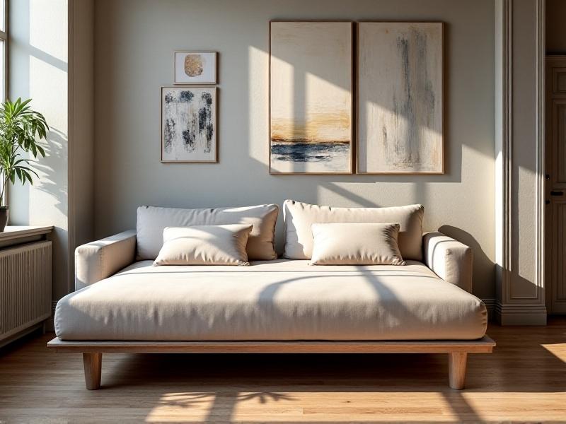 A sleek Scandinavian-style sofa bed in muted beige fabric, seamlessly transitioning into a bed frame with a hidden pull-out mechanism. The design features clean lines and is positioned in a sunlit loft with wooden flooring and abstract wall art, emphasizing harmony between utility and modern decor.
